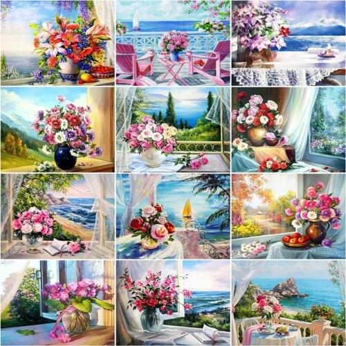 5D Diy Diamond Embroidery Mosaic Flower Paintings Full Square Rhinestone Sea Landscape Picture Wall Art Home Bedroom Decoration