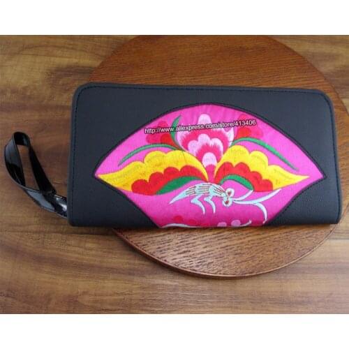 8-Pocket Vintage Hmong Thai Ethnic Wallet purse, Card Holder Bag, Hobo Hippie Ethnic PU leather handbag with embroidery, SYS-517