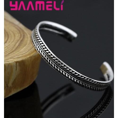 Ethnic Style Cuff Bracelet Bangles Vintage 925 Sterling Silver Feather Carving Stackable Wristbands S925 Jewelry Top Quality