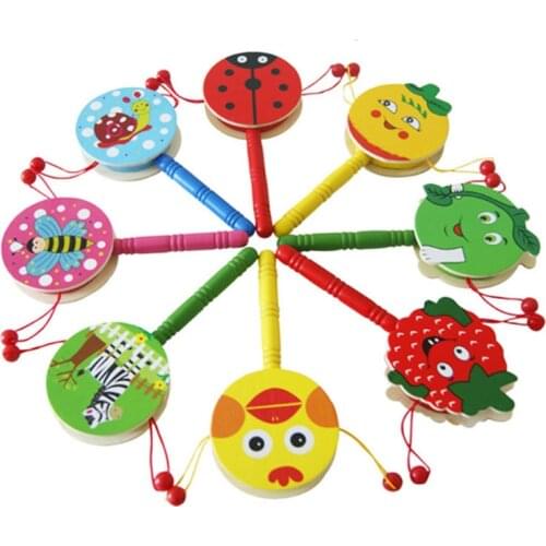 Wooden Cartoon Rattle Child Hand Drum Rattle Baby Early Childhood Education Traditional Toy For Child Kids Gift