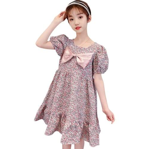 Dress Girl Floral Pattern Girls Party Dress Kids Big Bow Kid Dress Summer Girls Clothes 6 8 10 12 14