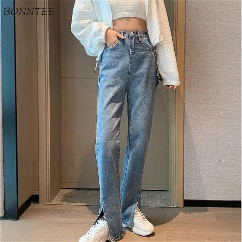 Jeans Women Denim Straight Trendy Casual Lady Popular Trouser Aesthetic Simple Pockets Full Length Basic Autumn Design All-match