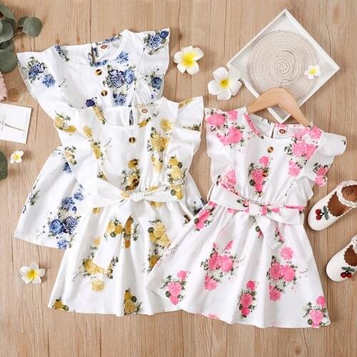 FOCUSNORM 3 Colors Summer Infant Kids Girls Dress 1-6Y Flowers Printed Ruffles Sleeve A-Line Dress