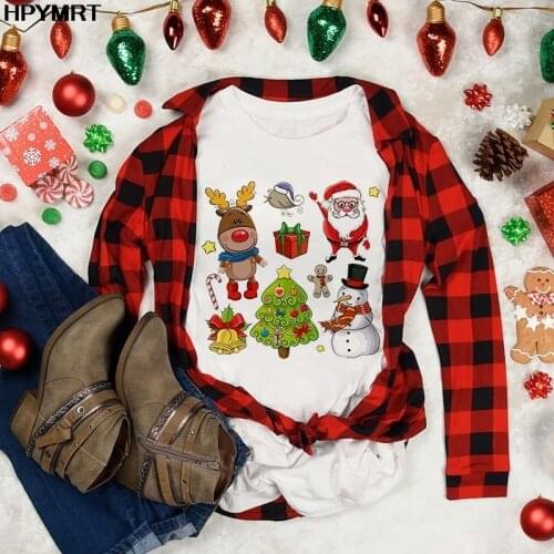 Santa Claus and Reindeer Printed T-shirts Tops Christmas Gift T shirts Women Fashion Casual Short sleeve Tshirt Female Clothing
