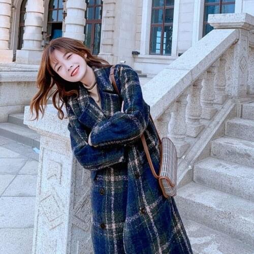 JuneLove Winter New Jacket Vintage Plaid Blends Woolen Coat Casual Loose Long Temperament Lapel Single-breasted Blend Wool Coats