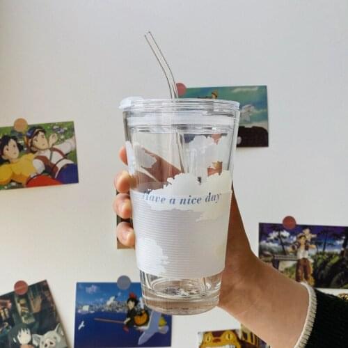 Creative Cloud Transparent Glass Water Bottle With Lid Straw 450ml Cartoon Portable Drinking Milk Juice Coffee Tea Water Cup New