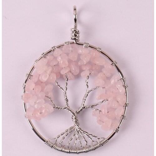 Lucky Handmade Tree of life Natural Rose Crystal Wire Wrap GEM Pendant Jewelry For Gift S593
