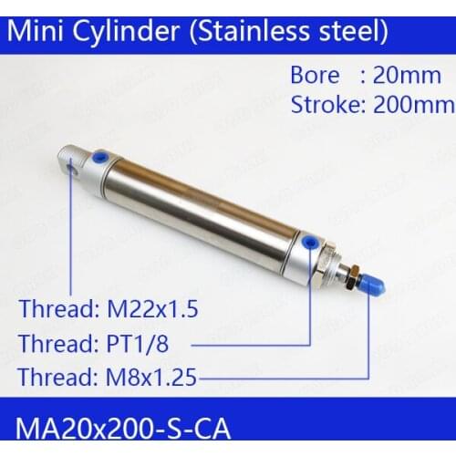 MA20*200 Free shipping Pneumatic Stainless Air Cylinder 20MM Bore 200MM Stroke MA20X200-S-CA Double Action Mini Round Cylinders