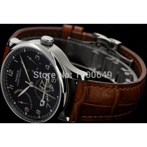 Parnis 43mm Black dial Power Reserve automatic mens Deployment buckle date Watch E1211