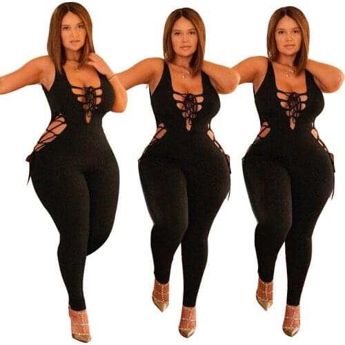 One Piece Outfit Women Sexy V Neck Sleeveless Bandage Hollow Out Casual Streetwear Plus Size Jumpsuit 5xl Wholesale Dropshipping