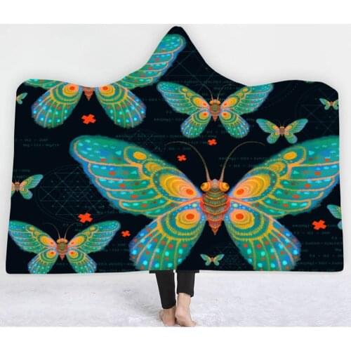 Butterfly Hooded Blanket Colorful Animal Wearable Blanket 3D Print Travel Throw Blanket Nature Creatures Coral Fleece Blanket