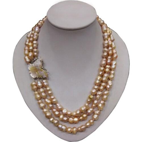 17-19 inches Three Rows 9-10mm Natural Lavender Peanut Pearl Necklace