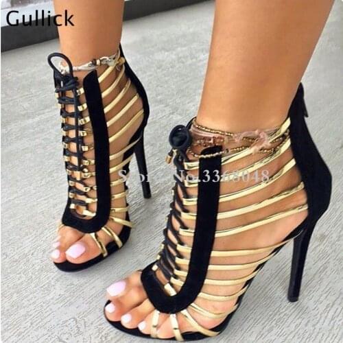 Gullick Sexy Hollow Out Golden Strappy Black Red Woman Shoes Peep Toe Back Zip Boot Sandal Lace Up High Heels Ladies Shoes