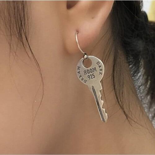 Simple Unique Design Genuine Real 925 Sterling Silver Key Shape Drop Earrings Fashion Ear Jewelry Unisex Earring