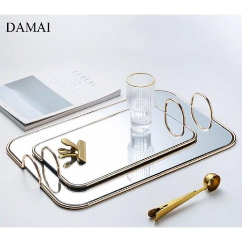 Glass Mirror Trays Golden Stroke Jewelry Display Storage Trays Dressing Table Skin Care Products Cosmetic Container Home Decor