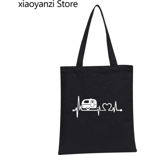 BITTER COFFEE New Women Shoulder Bags Canvas Tote Handbags Camper Travel Hiker Camper Heartbeat Eco Reusable Shopping Bag