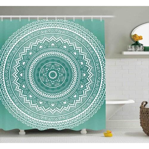 Teal Ombre Shower Curtain Mandala Boho Style Floral Dots and Stripes with Petals Ethnic Print Bath Curtain For Bathroom