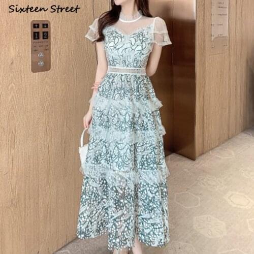 Green Mesh Dress Woman 2021 Summer Lace Embroidery Elegant Party Dress Female High Waisted O-neck Long Dresses Woman Vestidos