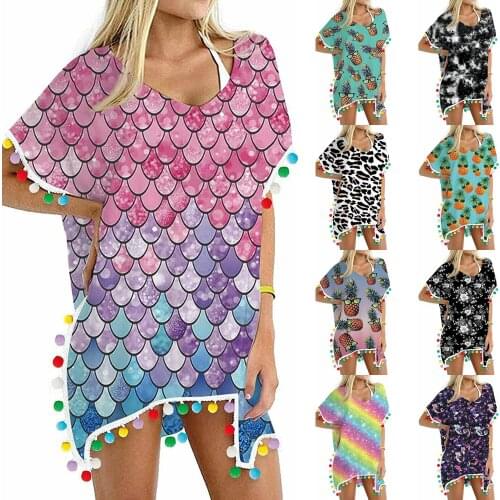 Womens Trim Kaftan Chiffon Tassels Swimwear Beach Loose Bikini Cover Up Tops