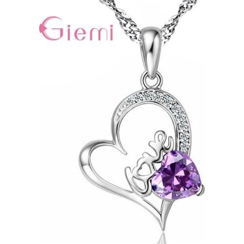 Sparkling White/Purple Clear CZ Stones Romantic Heart Lovely 925 Sterling Silver Women Bridal Wedding Pendant Necklace