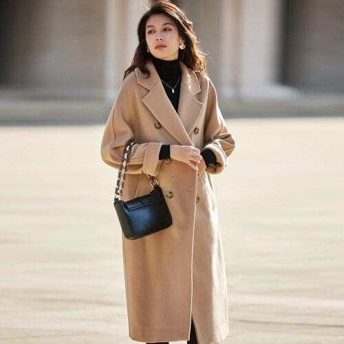 Winter coat women 2019 new winter Fashion plus size elegant vintage pink red black camel wool coat belt loose long ladies coat