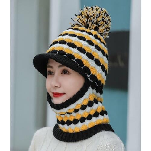 Winter cycling neck hat women plus velvet thick windproof ear caps warm one-piece knitted hat one-piece woolen cap