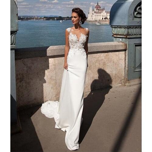 Boho Meerjungfrau Hochzeit Kleid 2019 Durchsichtig Neck Appliques Chiffon Braut Kleid Lange Zug Sexy Hochzeit Kleid Für Frauen