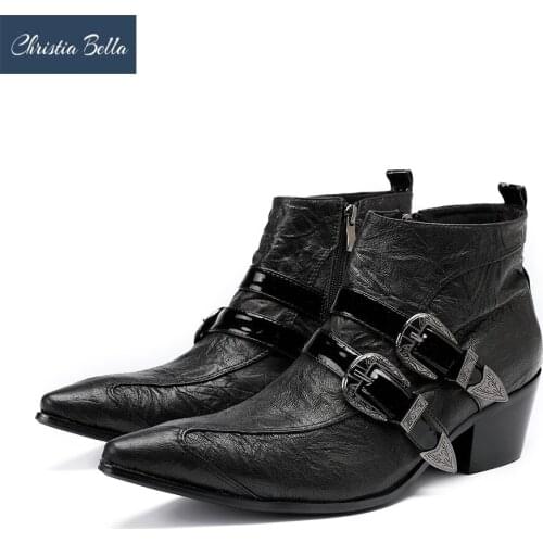 Christia Bella Solid Buckle Men Shoes Genuine Leather Boots New Fashion Pointed Toe Boots Big SizeMid Heel Zipper Short Boots