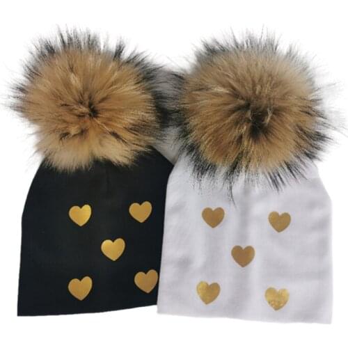Brand Newborn Kids Baby Boys Girls Winter golden sweet heart Cotton Beanie natural Fur Pom Pom Bobble Hat Cap Winter Warm Hat
