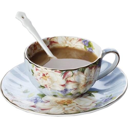 European Bone China Coffee Cup And Saucer Romantic Flower Tea Set Espresso Wedding Gift Party Drinkware