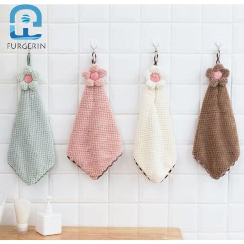 FURGERIN Hanging Hand Towels Bathroom flower absorbent hand towel cotton Soft White Towel Gift for Kitchen Velvet