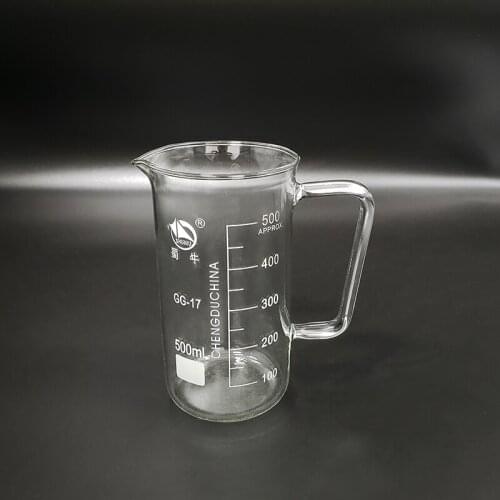 With handle Beaker in tall form,Capacity 500ml,Outer diameter=77mm,Height=150mm,Laboratory beaker