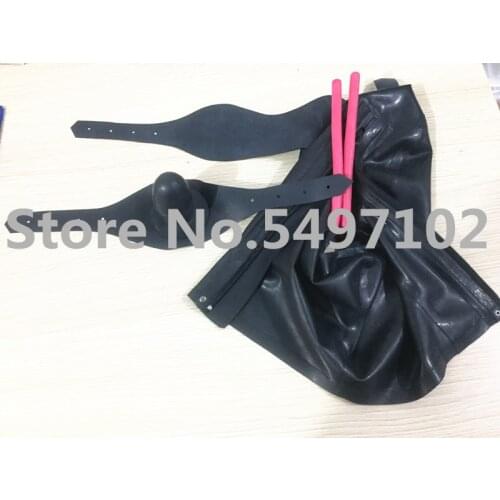 Handmade Black Unisex Latex Hood with Eyes Mouth Cover Plug Gag Attached to Mouth Piece W Nasal Long Tubes