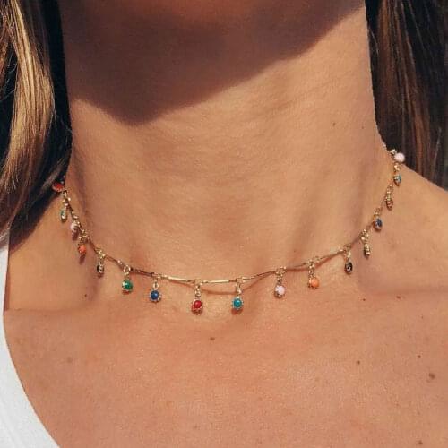 Cute Bohemian Choker Necklaces for Women Girls Colorful Crystal Chocker Jewelry Link Chain Jewellery Boho Style Water Drop Style