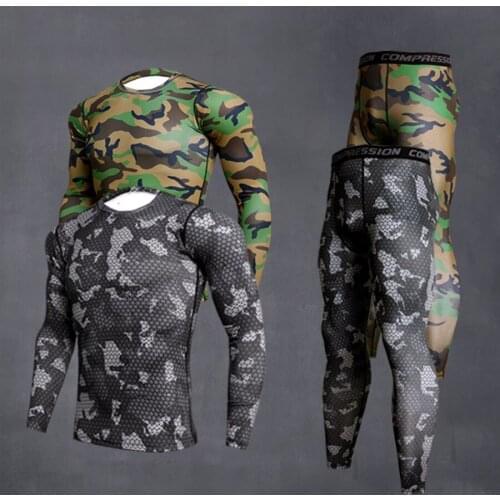 Mens sportswear man running tights camouflage clothing rashgard male compression gym clothing running t-shirt MMA Clothing kit