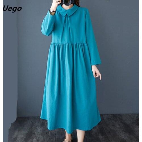 2021 New Turn-down Collar Button Fashion Blouse Dress Linen Cotton Dress Long Sleeve Autumn Dress Women Casual Spring Dress