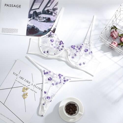 Sexy Push Up Lingerie Open Cup Women Underwear 2pcs Floral Mesh Bra and Panty Lingerie Set Lace See Through Nightwear