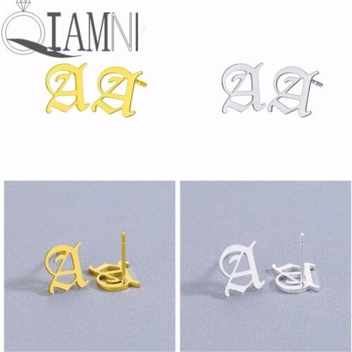 QIAMNI Font Capital A Initial Stud Earrings Old English Alphabet A Letter Piercing Earring Stainless Steel Birthday Gift