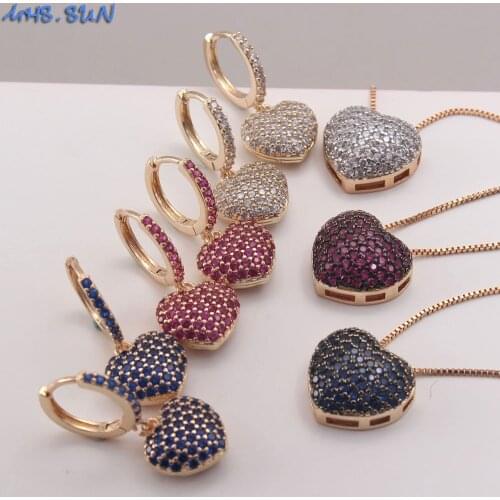 MHS.SUN Luxury AAA CZ Heart Earrings Necklace Women Trendy Colorful Zircon Jewelry Set Fashion Valentines Day Girls Gift