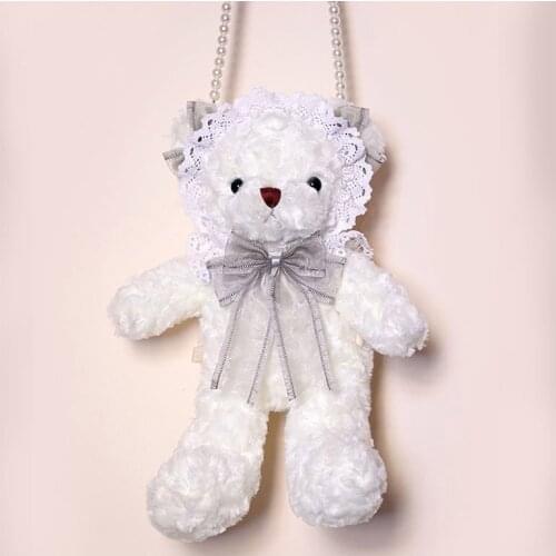Cute Lolita Girl Angel Bear Plush Hangbag Shoulder Bag Small Purse Bag Pearl Strap Grey Bow Lace Color White