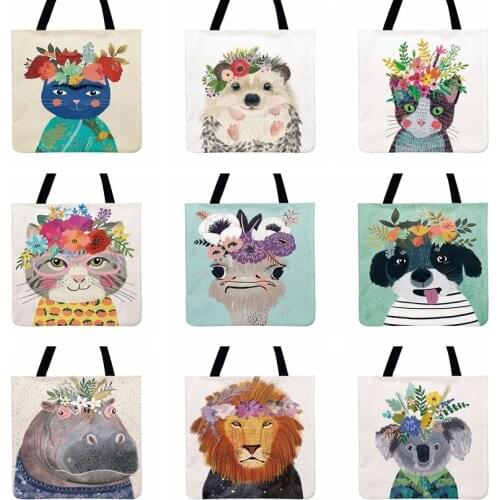 Cartoon Oil Painting Animal Printed Tote Bag For Women Casual Tote Ladies Shoulder Bag Foldable Shopping Bag Outdoor Beach Bag