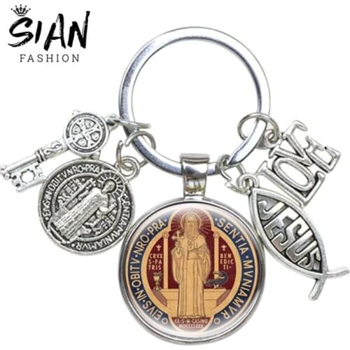 Vintage Saint Benedict Medallion Keychain I Love Jesus Art Photo Glass Cabochon Key Chain Catholic San Benito Keyring for Unisex