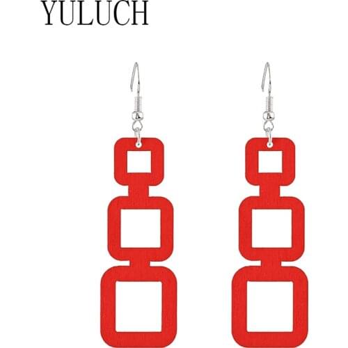 YULUCH Women unique wood square hollow out pendant earrings girls art simple wooden jewelry ladies party accessories gifts