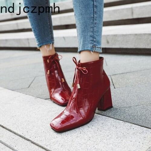 Womens Boots New fashion winter Square head zipper High heel Martin boots Womens shoes plus size 32-48 Heel Height 7cm black