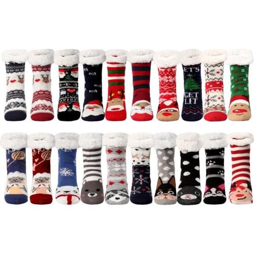Womens Winter Thermal Cozy Soft Plush Fluffy Socks Christmas Reindeer Snowflake Snowman Pattern Warm Non-Skid Slipper Socks