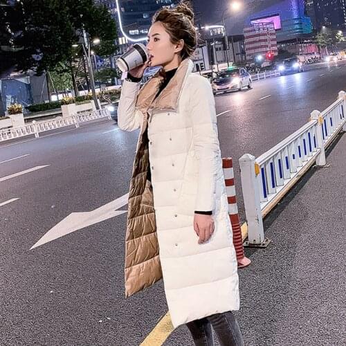 Women Double Sided Down Long Jacket Winter 90% White Duck Down Coat Double Breasted Warm Parkas Snow Outwear