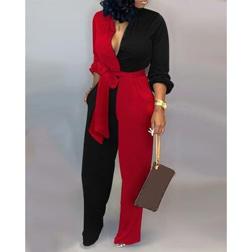 2020 New Fashion Women Long Rompers Casual One Piece Red Black Overalls Colorblock Long Sleeve Knotted Jumpsuit