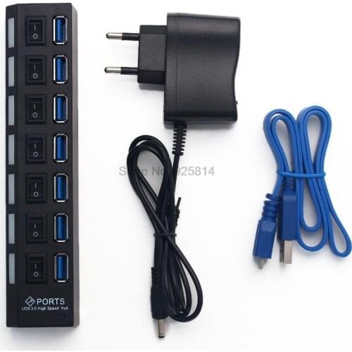 100pcs,7 Port USB 3.0 Hub On/Off Switch + EU/US/UK AC Power Adapter For Laptop Desktop