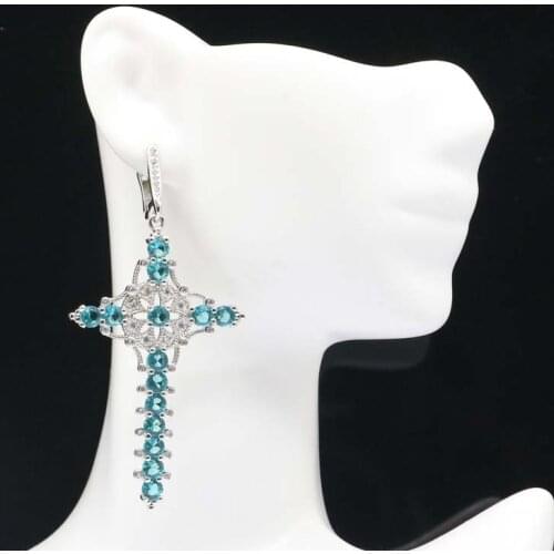 44x18mm SheCrown Deluxe Long Created London Blue Topaz CZ Gift For Womans Silver Earrings