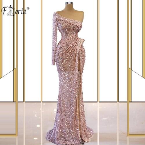 Glitter Rose Gold Mermaid Evening Dress Elegant High Slit Sequin Prom Gowns Customized Reflective Dresses Women Party Formales